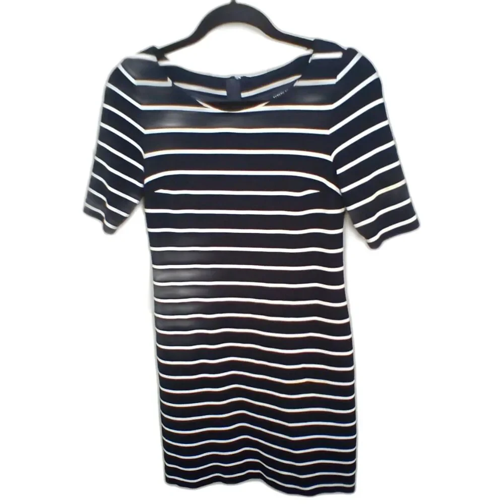 Banana Republic Bodycon Dress Womens 0 Black White Striped Short Sleeve Zip Back
